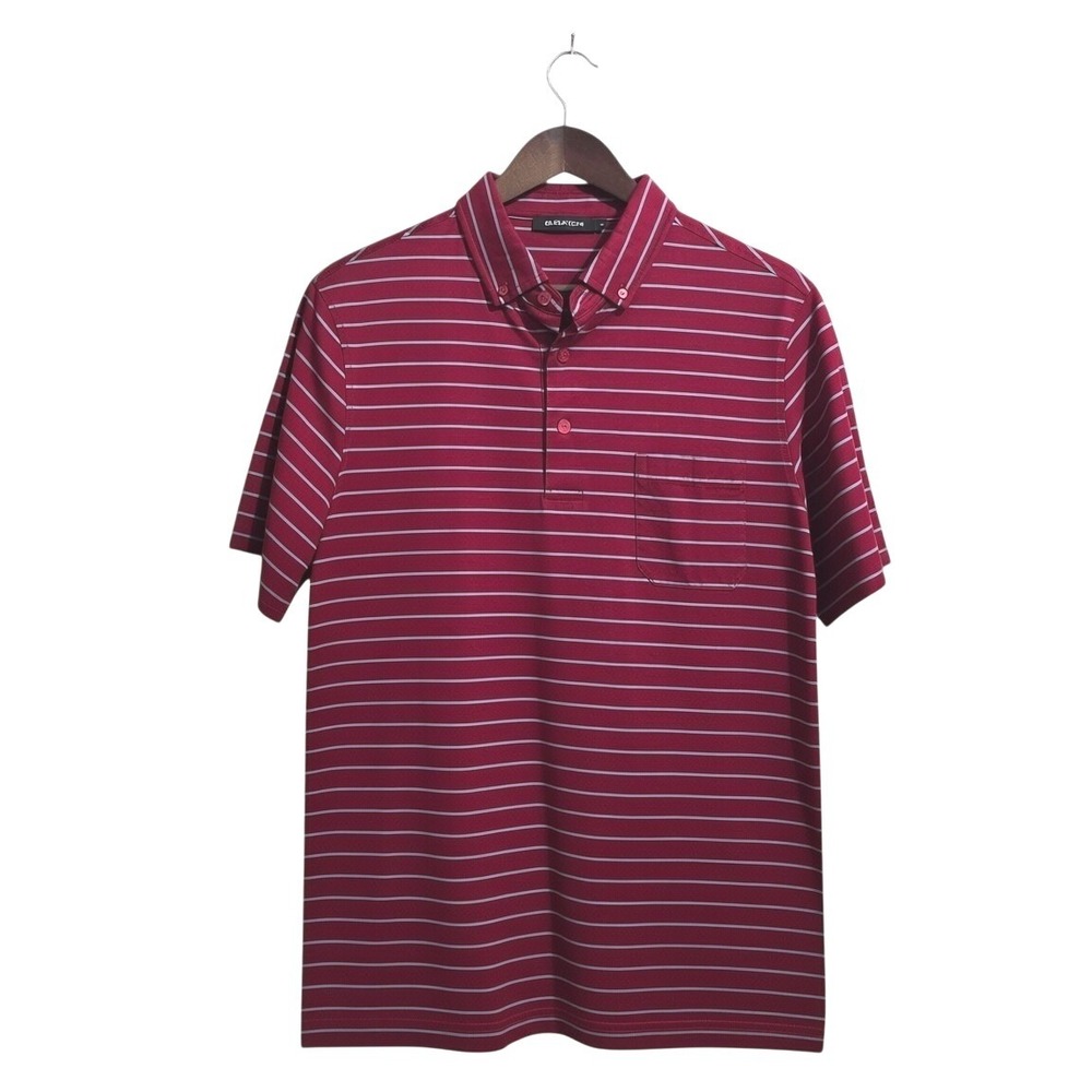 Bugatchi Burgundy Striped Button Down Collar Short Sleeve Polo Sz L